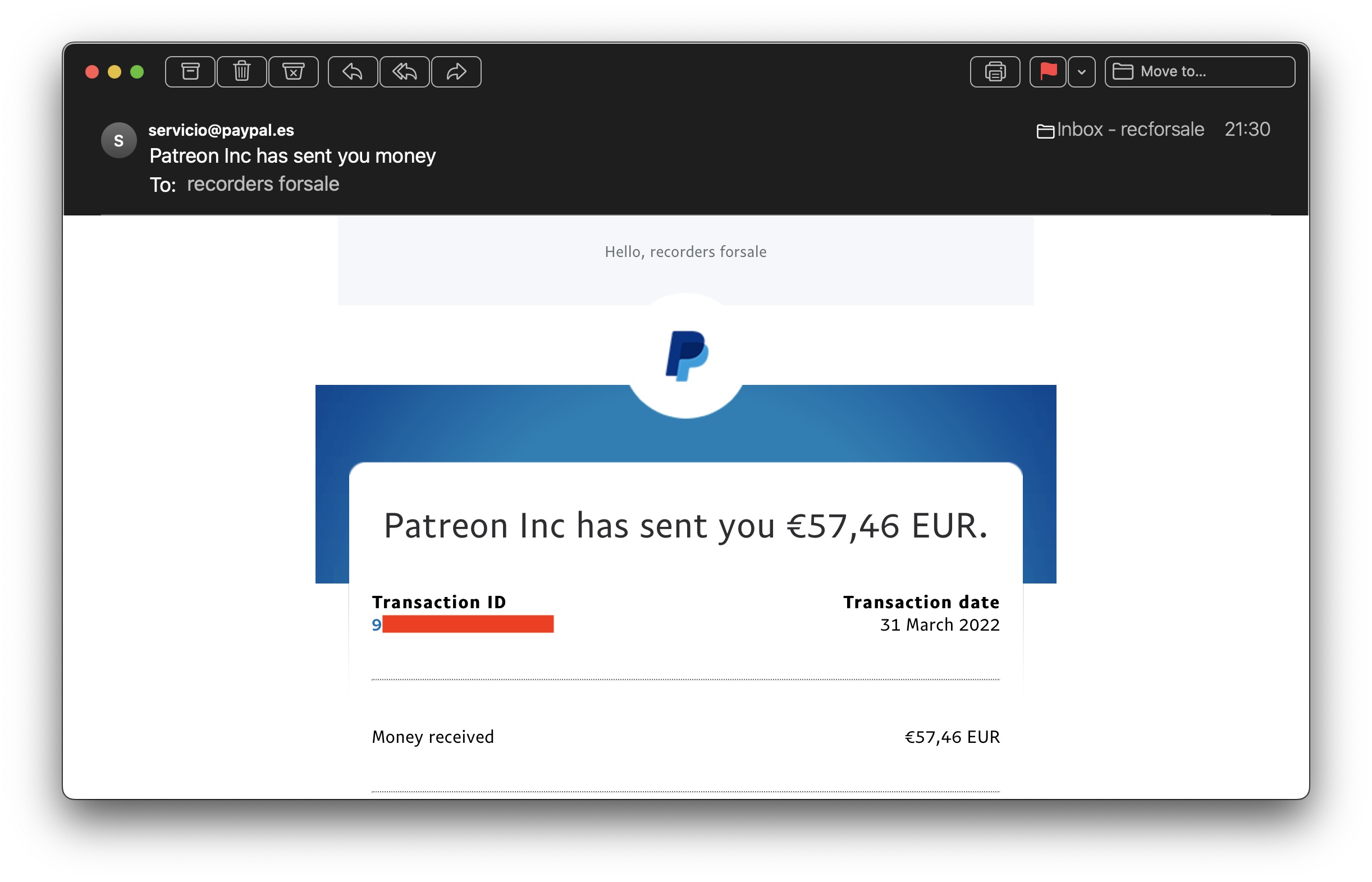 Figure 2: Patreon funds transferred to RFS’s PayPal account