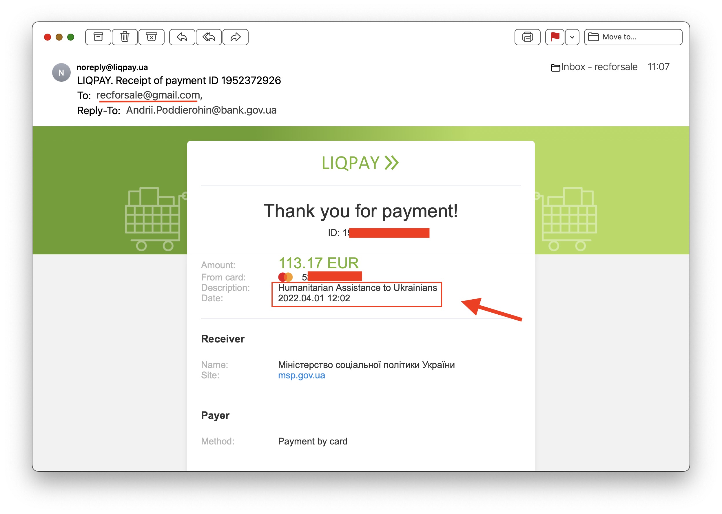 Figure 5: Payment to NBU’s Fundraising Account for Humanitarian Assistance to Ukrainians Affected by Russia’s Aggression through the official website of Ukraine